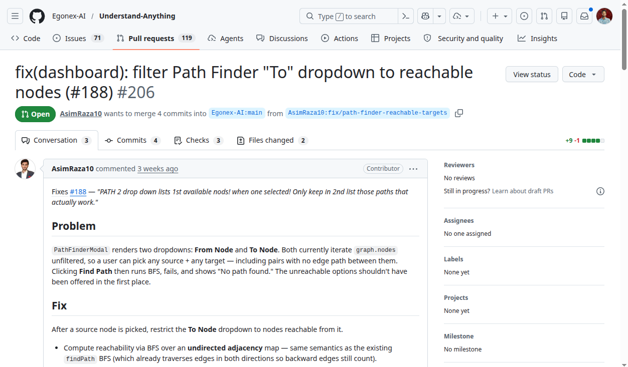 PR #206 showing the convincing fake description and test plan — no mention of astro.config.mjs