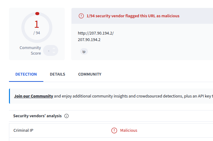 Criminal IP flagging 207.90.194.2 as malicious C2 infrastructure