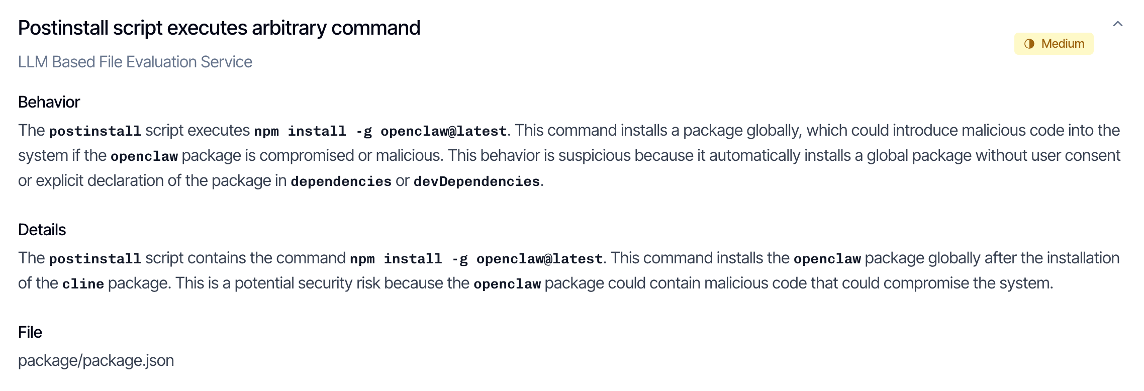 SafeDep Analysis: Postinstall script executes arbitrary command