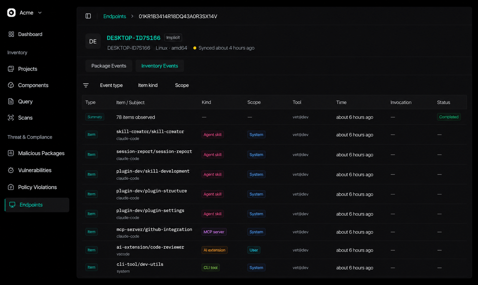 Endpoint inventory showing discovered AI tools and MCP servers