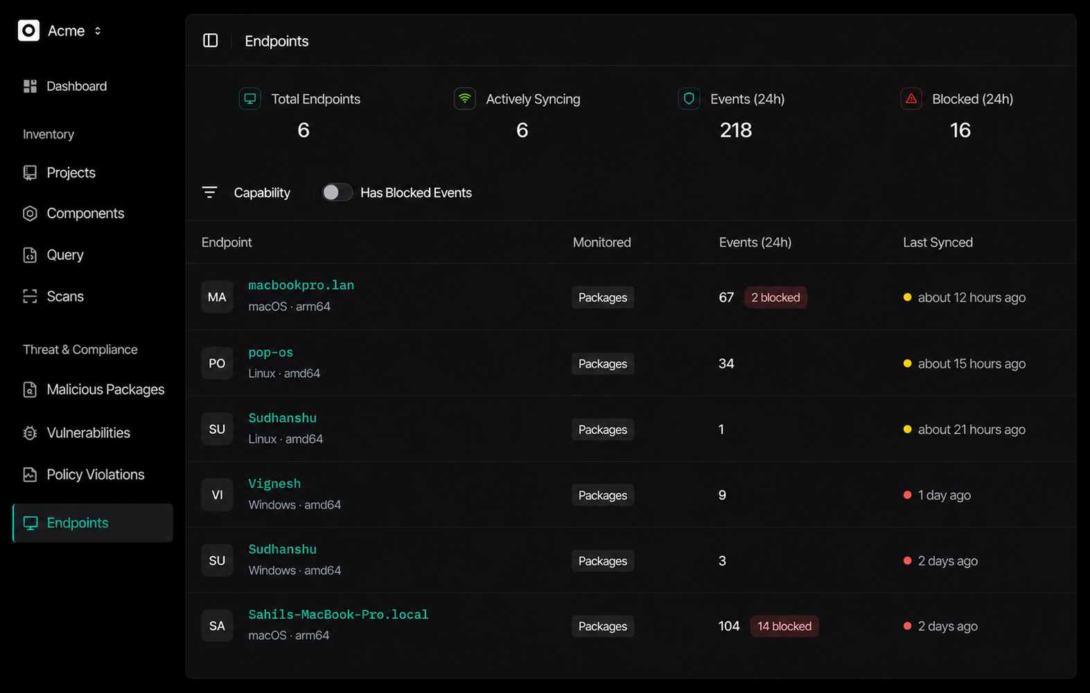 Endpoint Hub list of synced endpoints in SafeDep Cloud