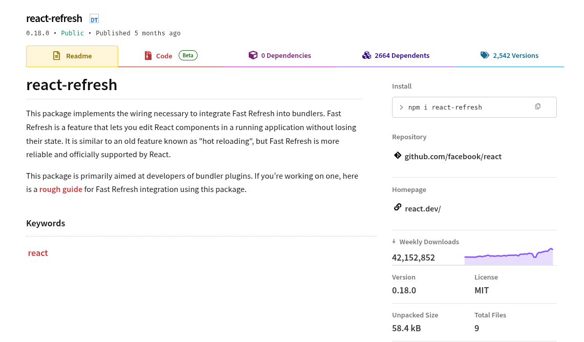 Legitimate react-refresh package on npm