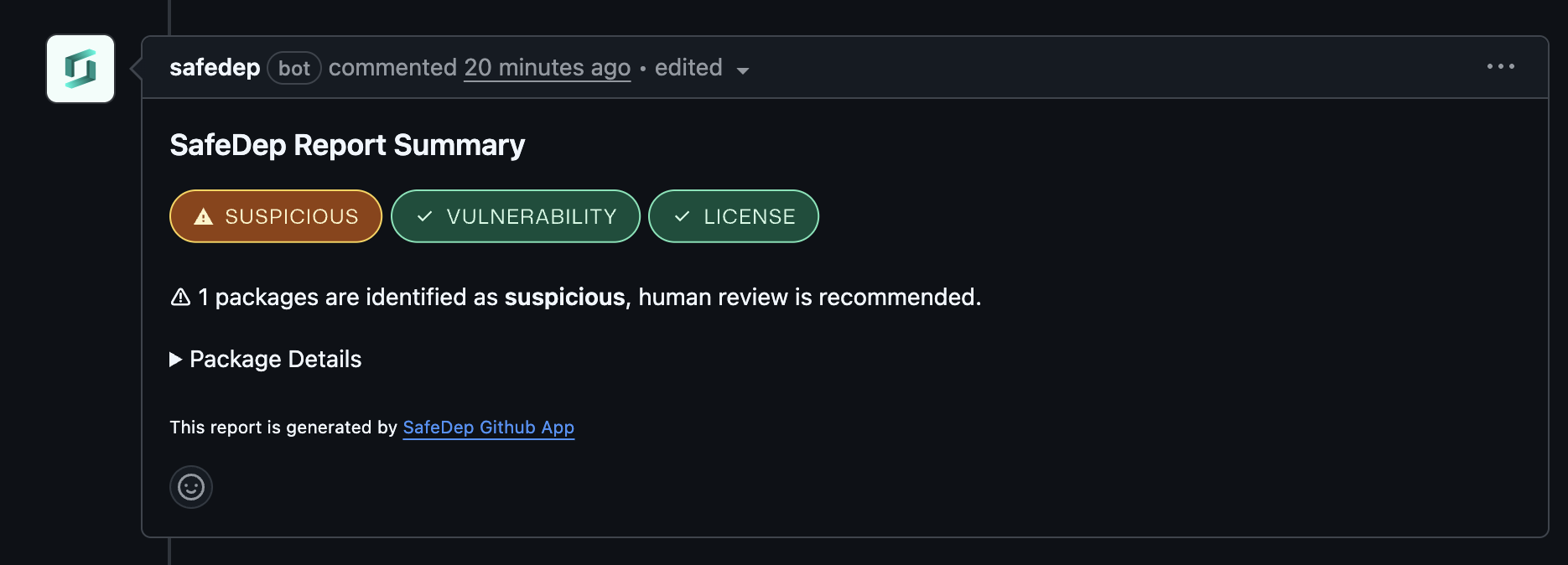 xbom SafeDep GitHub App Report
